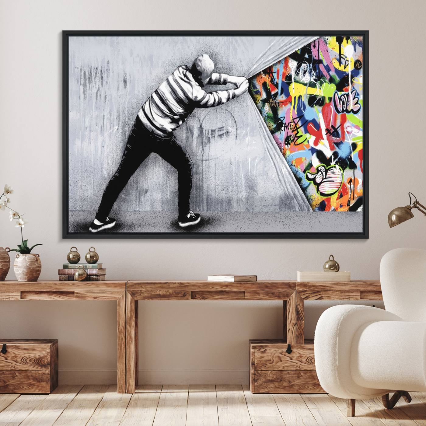 52252-MGV-FC-36X24_Black-Banksy Art Behind the Curtain Street Wall Art Canvas Print | 3-Panel Urban Graffiti-Inspired Wall Art for Living Room or Office