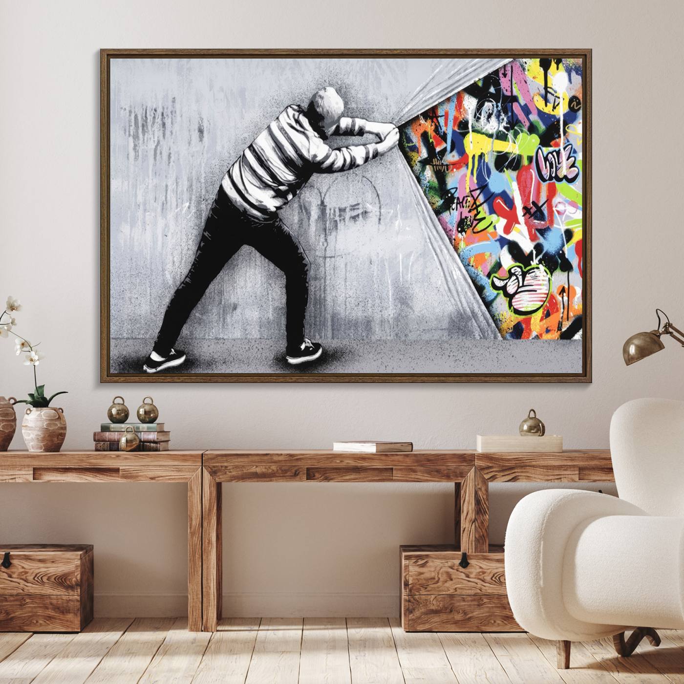 Banksy Art Behind the Curtain Street Wall Art Canvas Print | 3-Panel Urban Graffiti-Inspired Wall Art for Living Room or Office