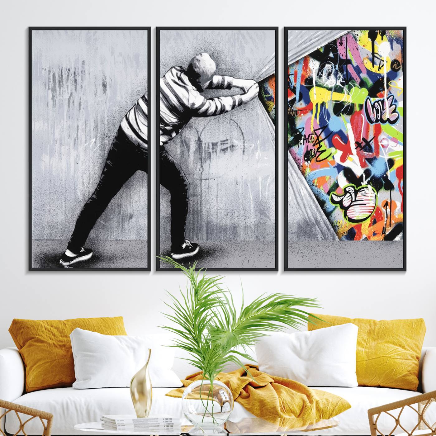 52252-MGV-FC-48X32-3P_Black-Banksy Art Behind the Curtain Street Wall Art Canvas Print | 3-Panel Urban Graffiti-Inspired Wall Art for Living Room or Office