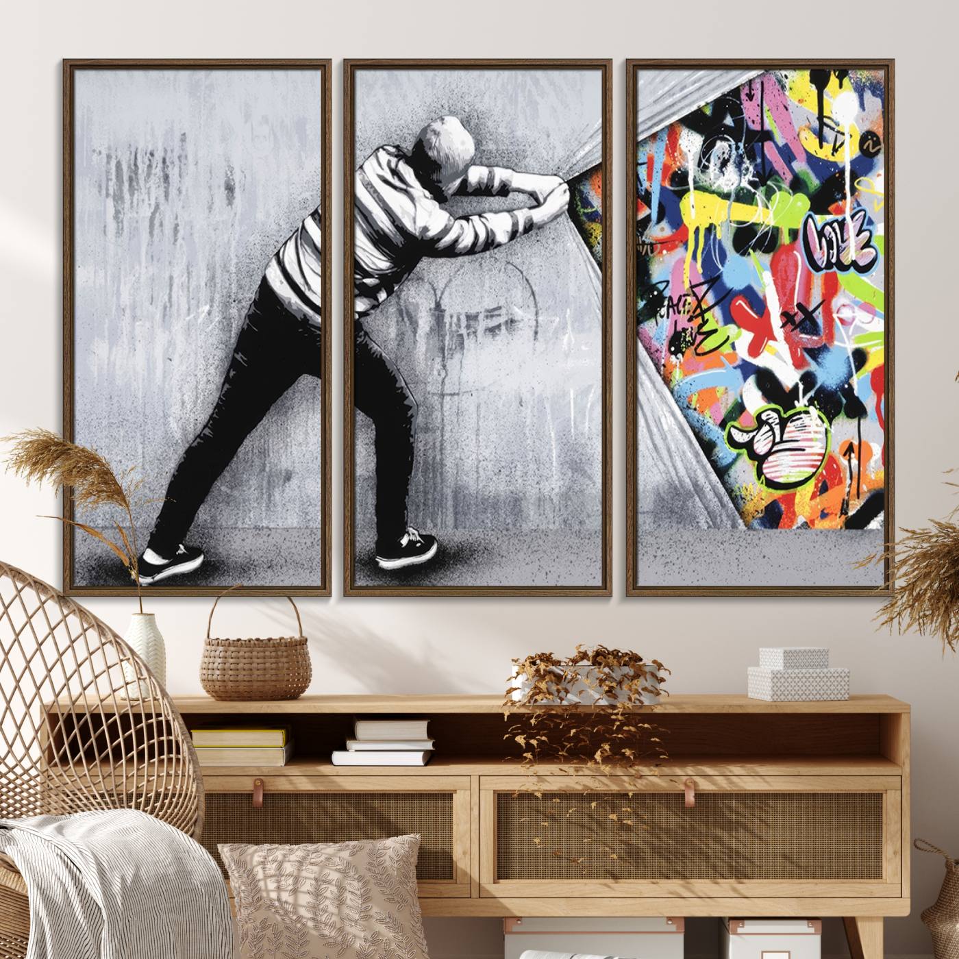 52252-MGV-FC-48X32-3P_Walnut-Banksy Art Behind the Curtain Street Wall Art Canvas Print | 3-Panel Urban Graffiti-Inspired Wall Art for Living Room or Office