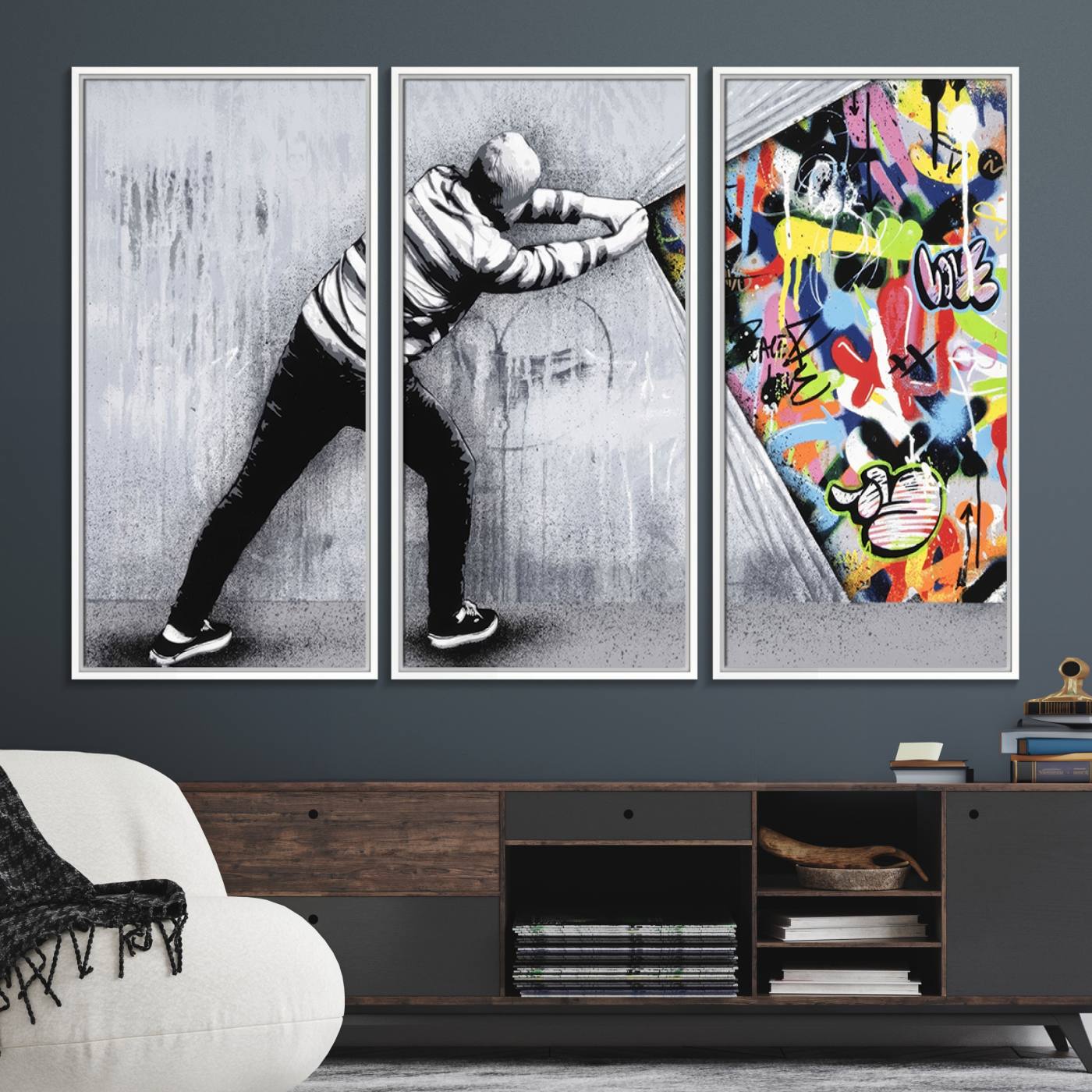 52252-MGV-FC-48X32-3P_White-Banksy Art Behind the Curtain Street Wall Art Canvas Print | 3-Panel Urban Graffiti-Inspired Wall Art for Living Room or Office