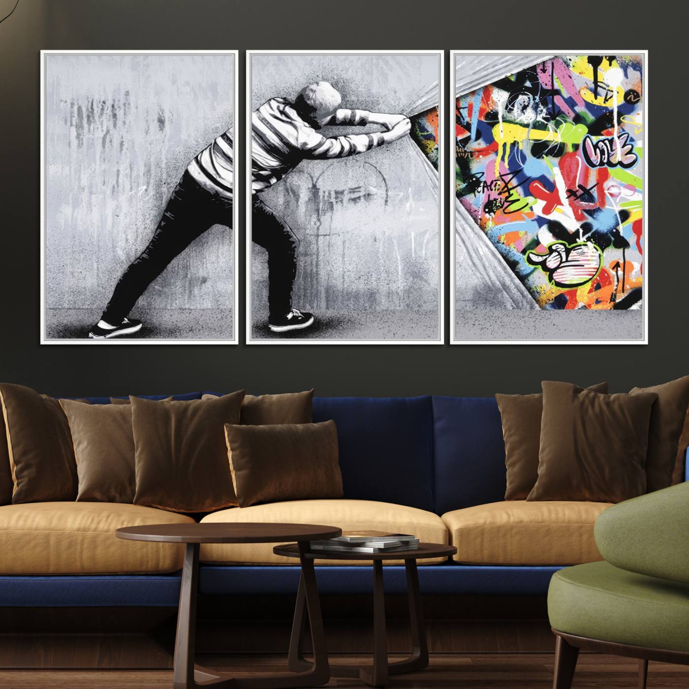 52252-MGV-FC-60X30-3P_White-Banksy Art Behind the Curtain Street Wall Art Canvas Print | 3-Panel Urban Graffiti-Inspired Wall Art for Living Room or Office