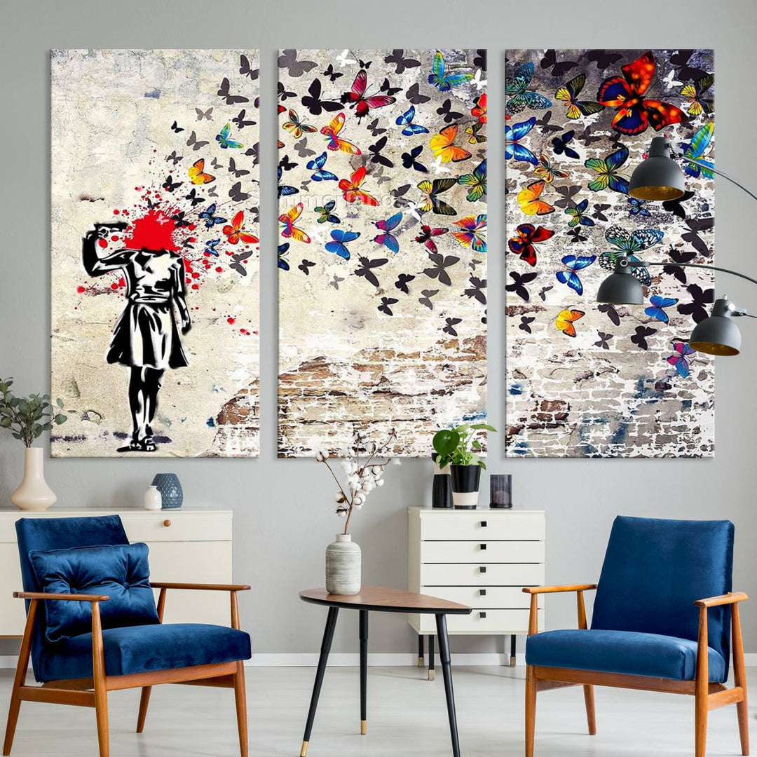 Banksy Art Butterfly Girl Explosion Canvas Art – Vibrant Urban Graffiti for Modern Interiors - Ready to Hang