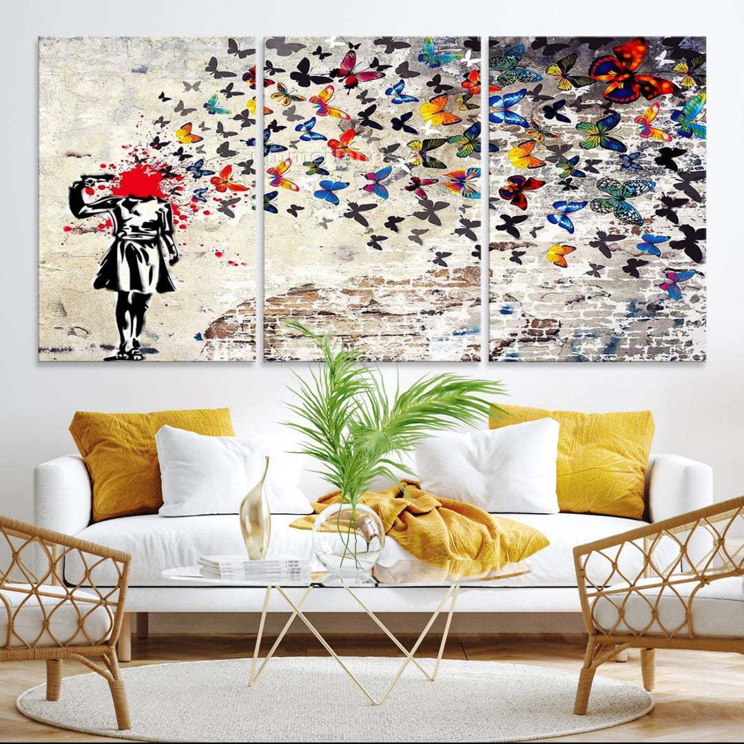 Banksy Art Butterfly Girl Explosion Canvas Art – Vibrant Urban Graffiti for Modern Interiors - Ready to Hang