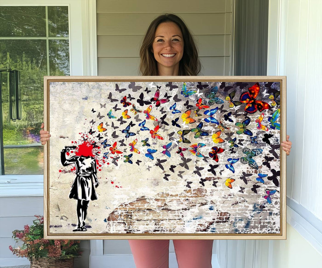 88654-MGV-CV-36X24-Banksy Art Butterfly Girl Explosion Canvas Art – Vibrant Urban Graffiti for Modern Interiors - Ready to Hang