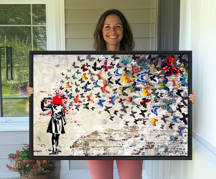 88654-MGV-CV-36X24-Banksy Art Butterfly Girl Explosion Canvas Art – Vibrant Urban Graffiti for Modern Interiors - Ready to Hang