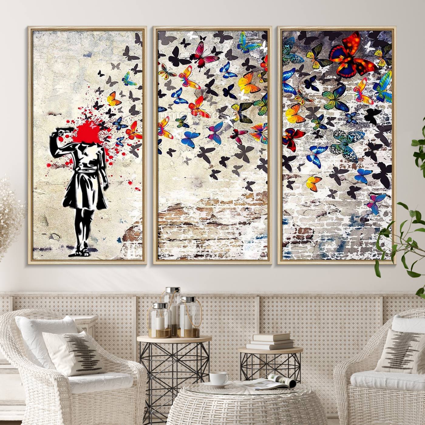 88654-MGV-CV-36X24-Banksy Art Butterfly Girl Explosion Canvas Art – Vibrant Urban Graffiti for Modern Interiors - Ready to Hang