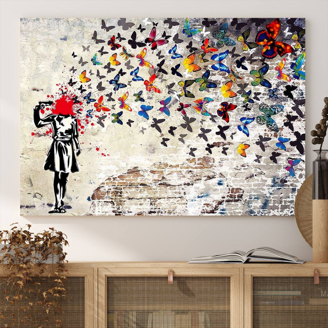 Banksy Art Butterfly Girl Explosion Canvas Art – Vibrant Urban Graffiti for Modern Interiors - Ready to Hang