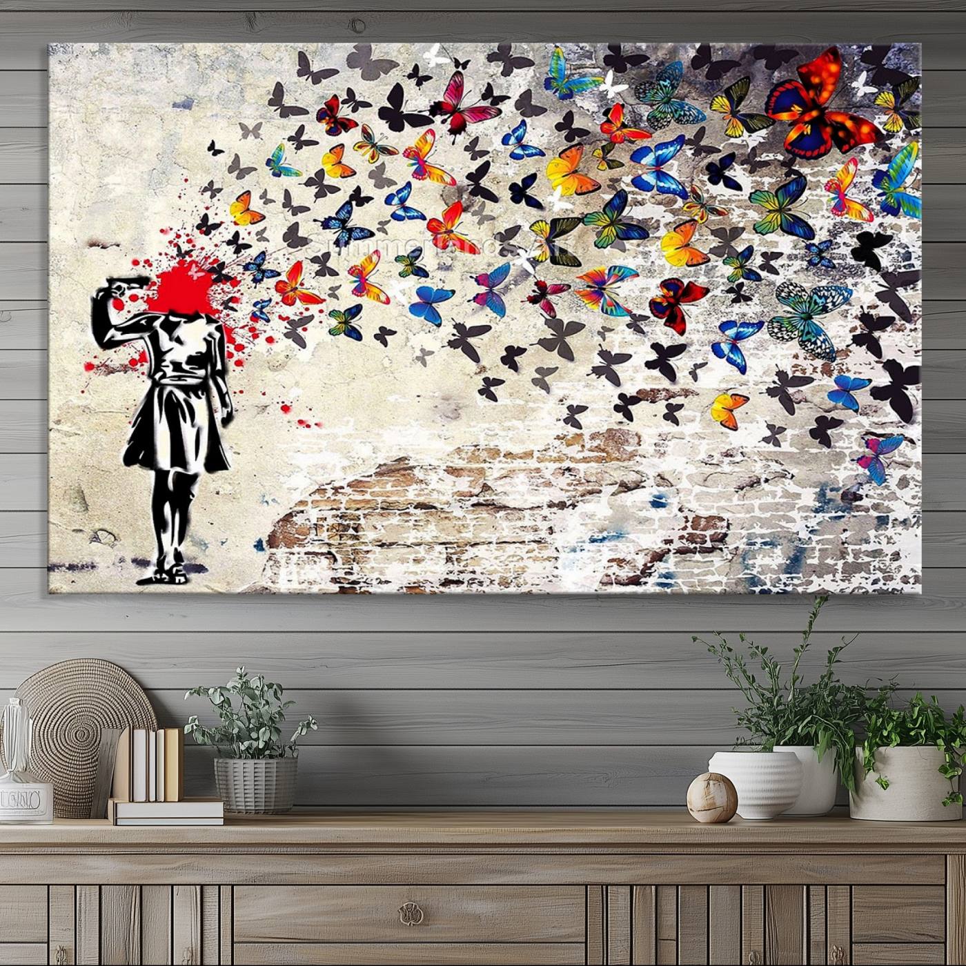 Banksy Art Butterfly Girl Explosion Canvas Art – Vibrant Urban Graffiti for Modern Interiors - Ready to Hang