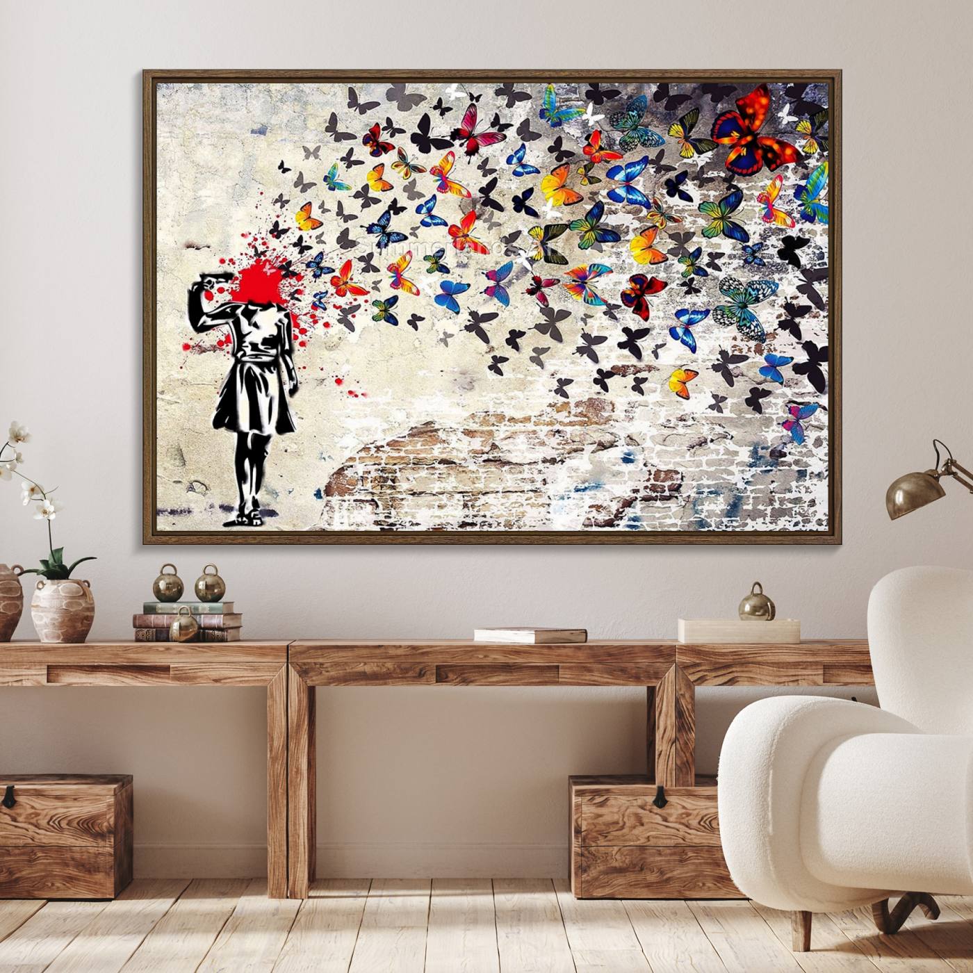Banksy Art Butterfly Girl Explosion Canvas Art – Vibrant Urban Graffiti for Modern Interiors - Ready to Hang