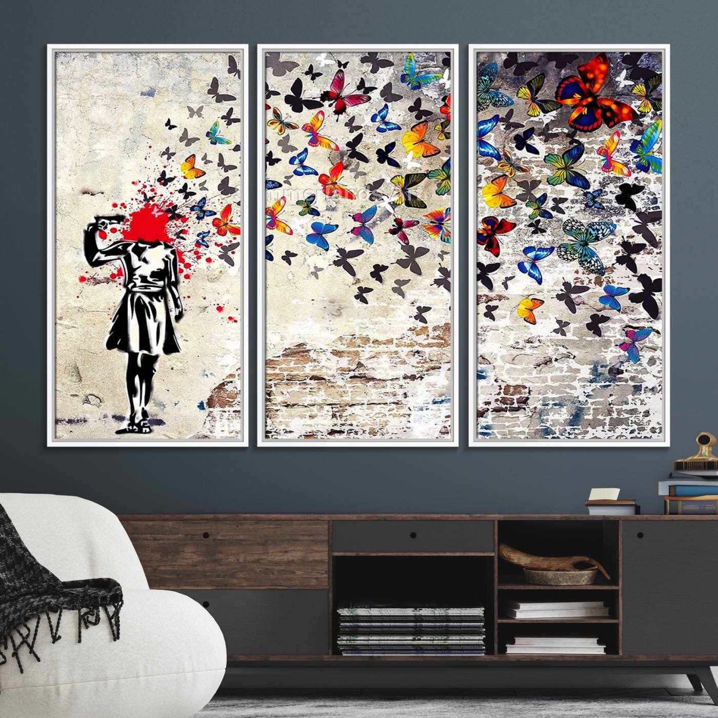 88654-MGV-FC-48X32-3P_White-Banksy Art Butterfly Girl Explosion Canvas Art – Vibrant Urban Graffiti for Modern Interiors - Ready to Hang