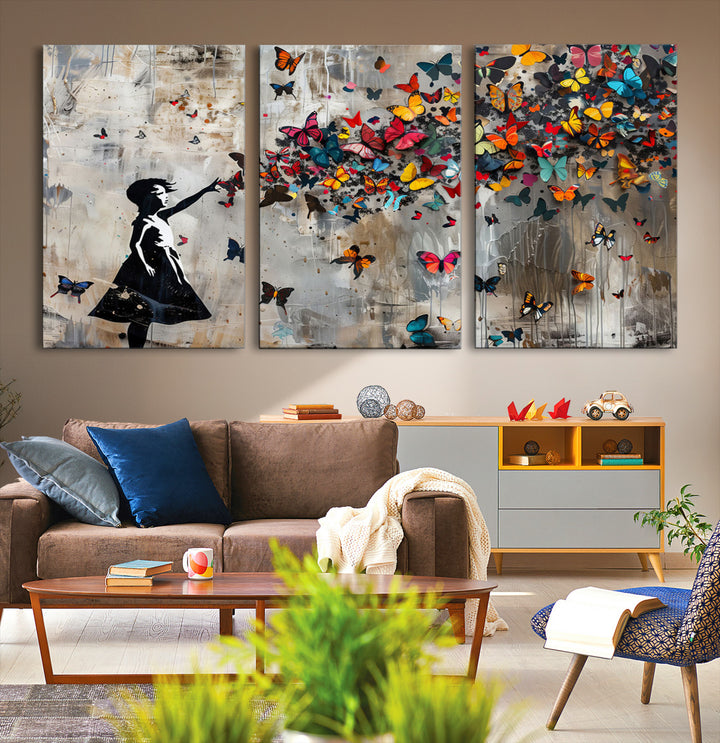 Banksy Butterfly Girl Wall Art | 3-Piece Butterfly Girl Canvas