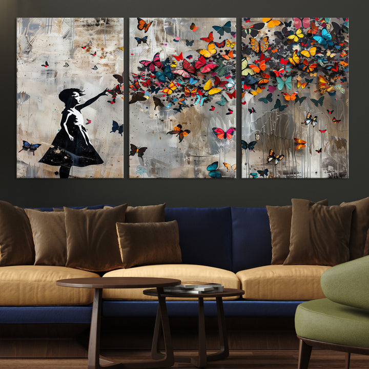 Banksy Butterfly Girl Wall Art | 3-Piece Butterfly Girl Canvas