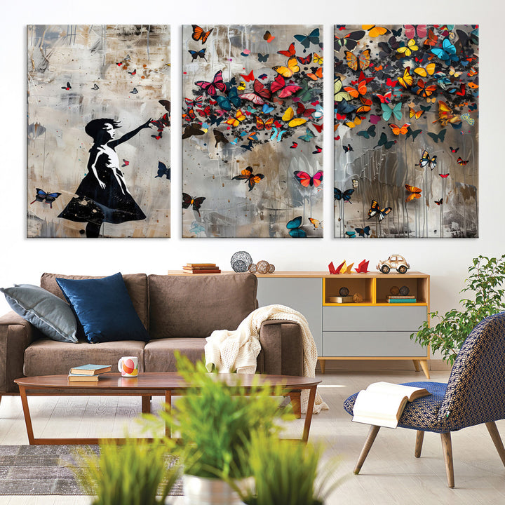 51446-MGV-CV-36X24-Banksy Butterfly Girl Wall Art | 3-Piece Butterfly Girl Canvas