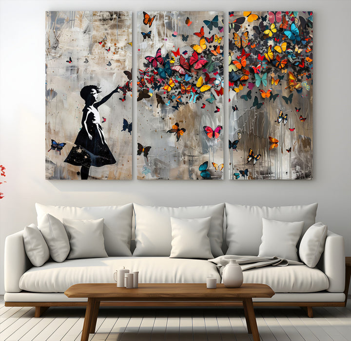51446-MGV-CV-36X24-Banksy Butterfly Girl Wall Art | 3-Piece Butterfly Girl Canvas