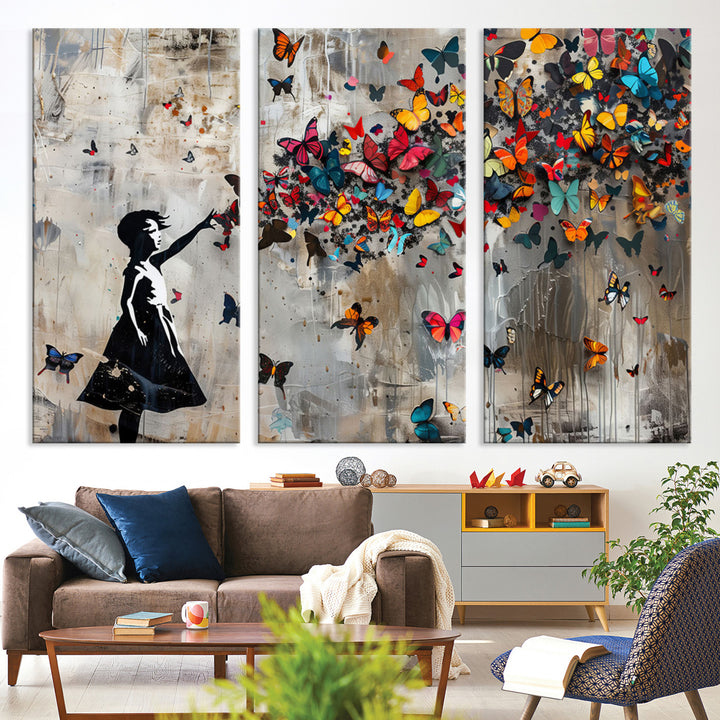 51446-MGV-CV-36X24-Banksy Butterfly Girl Wall Art | 3-Piece Butterfly Girl Canvas