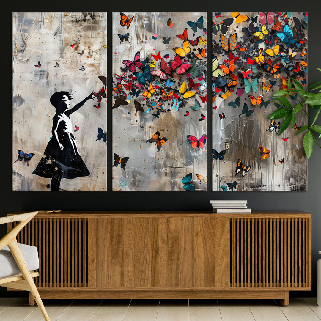 51446-MGV-CV-36X24-Banksy Butterfly Girl Wall Art | 3-Piece Butterfly Girl Canvas