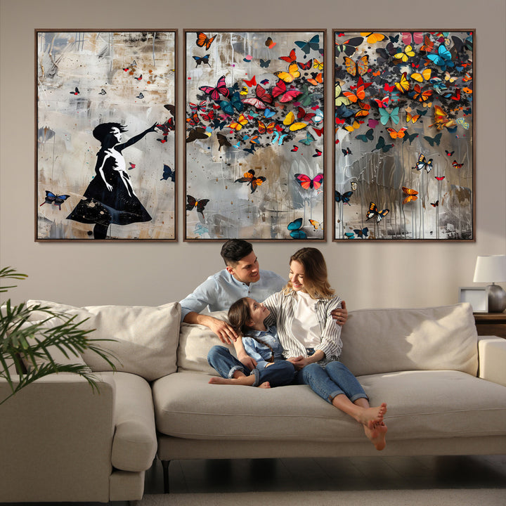 51446-MGV-CV-36X24-Banksy Butterfly Girl Wall Art | 3-Piece Butterfly Girl Canvas