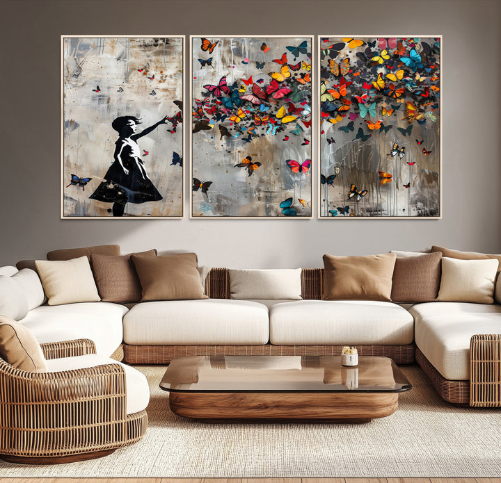 51446-MGV-CV-36X24-Banksy Butterfly Girl Wall Art | 3-Piece Butterfly Girl Canvas