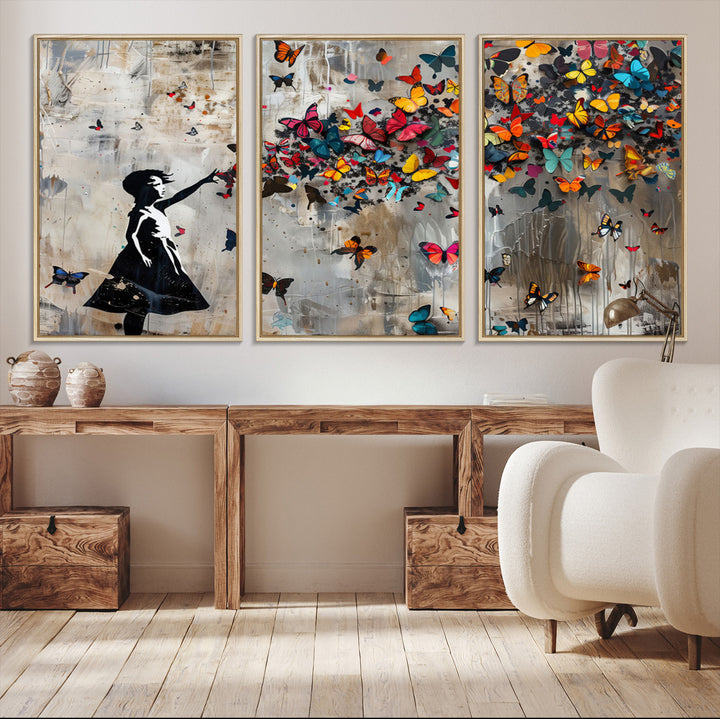 51446-MGV-CV-36X24-Banksy Butterfly Girl Wall Art | 3-Piece Butterfly Girl Canvas