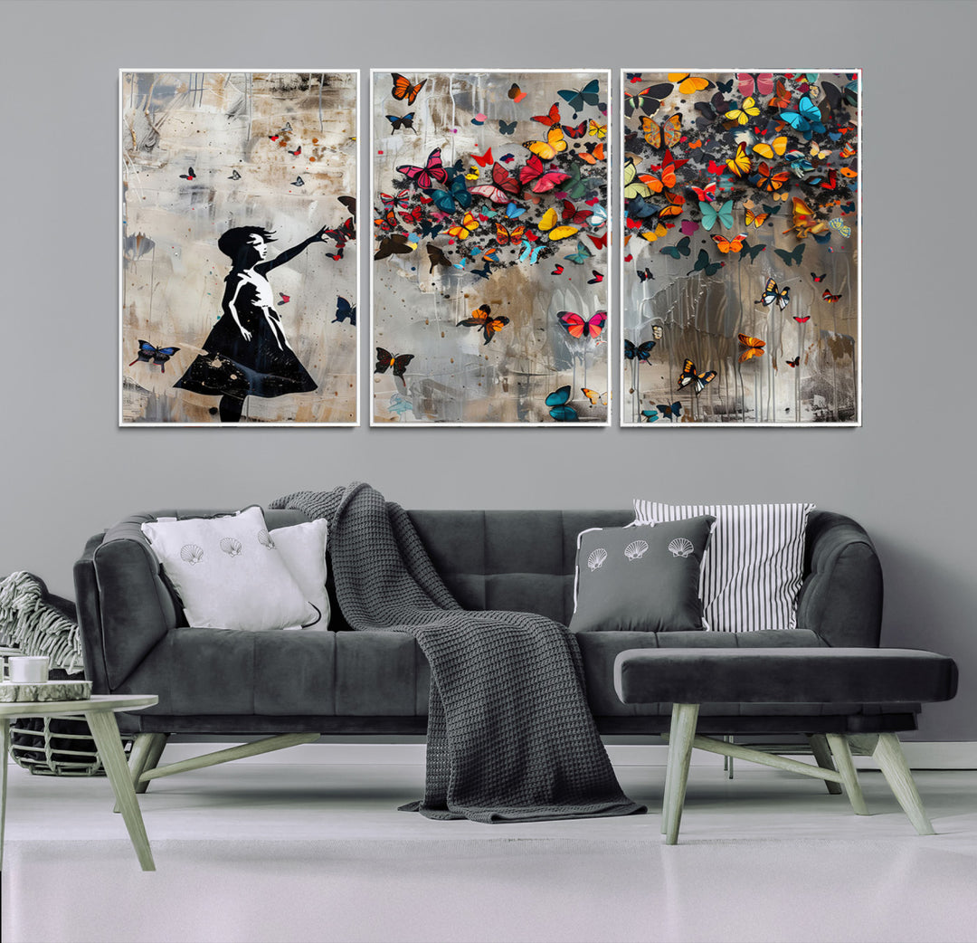 51446-MGV-CV-36X24-Banksy Butterfly Girl Wall Art | 3-Piece Butterfly Girl Canvas