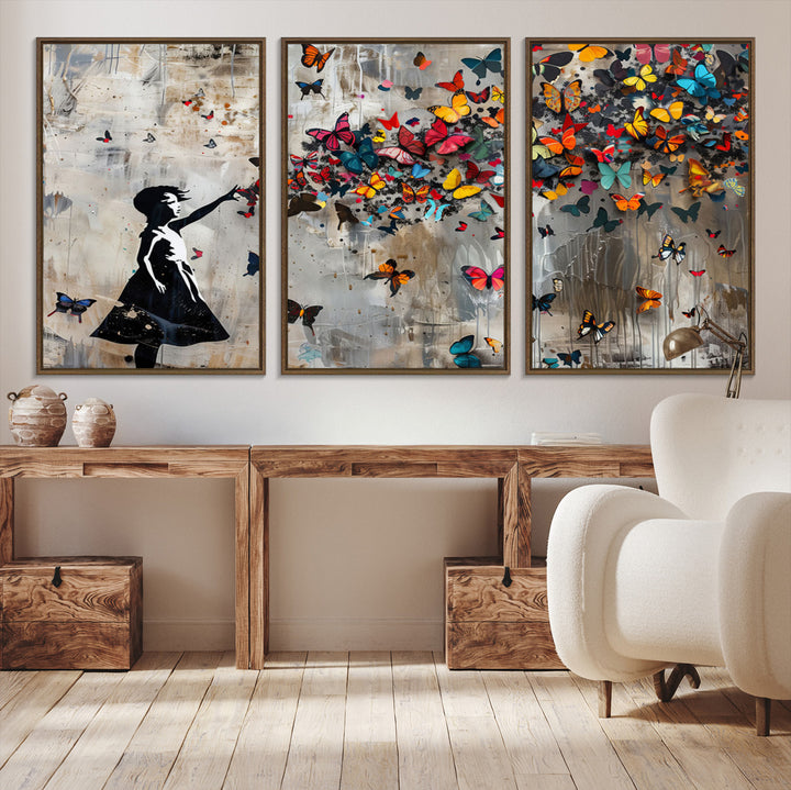 51446-MGV-CV-36X24-Banksy Butterfly Girl Wall Art | 3-Piece Butterfly Girl Canvas