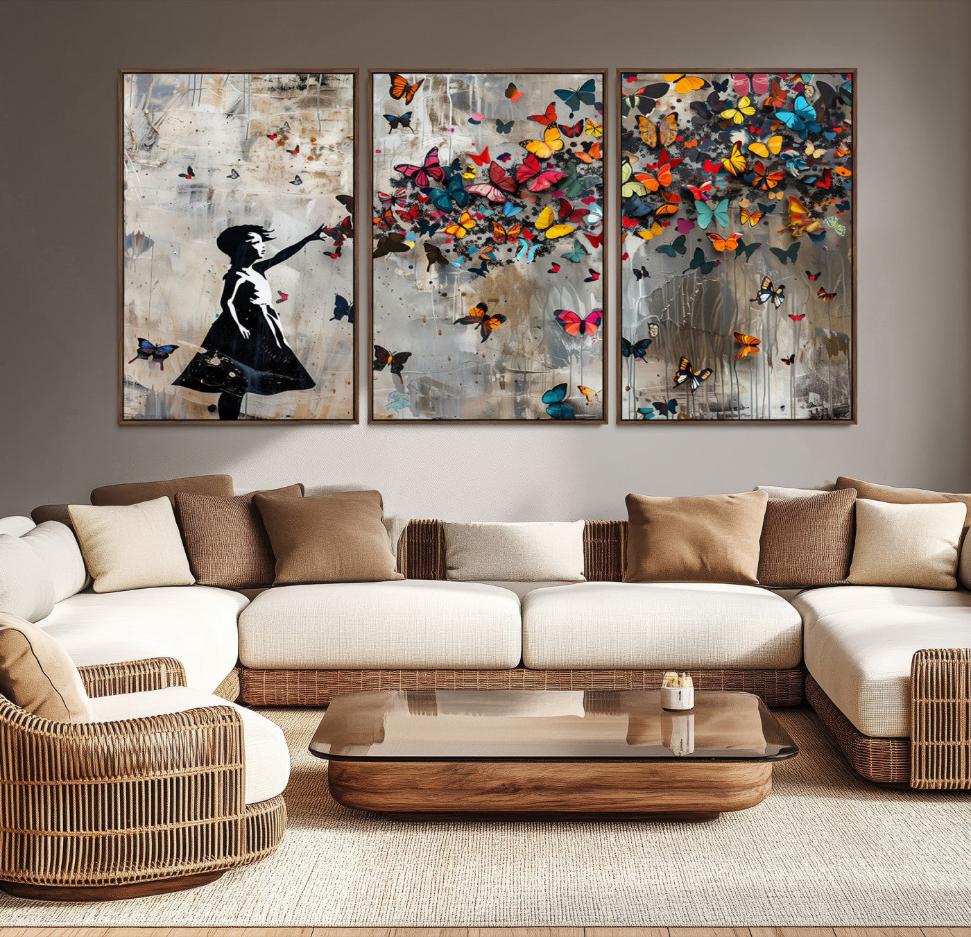 51446-MGV-CV-36X24-Banksy Butterfly Girl Wall Art | 3-Piece Butterfly Girl Canvas