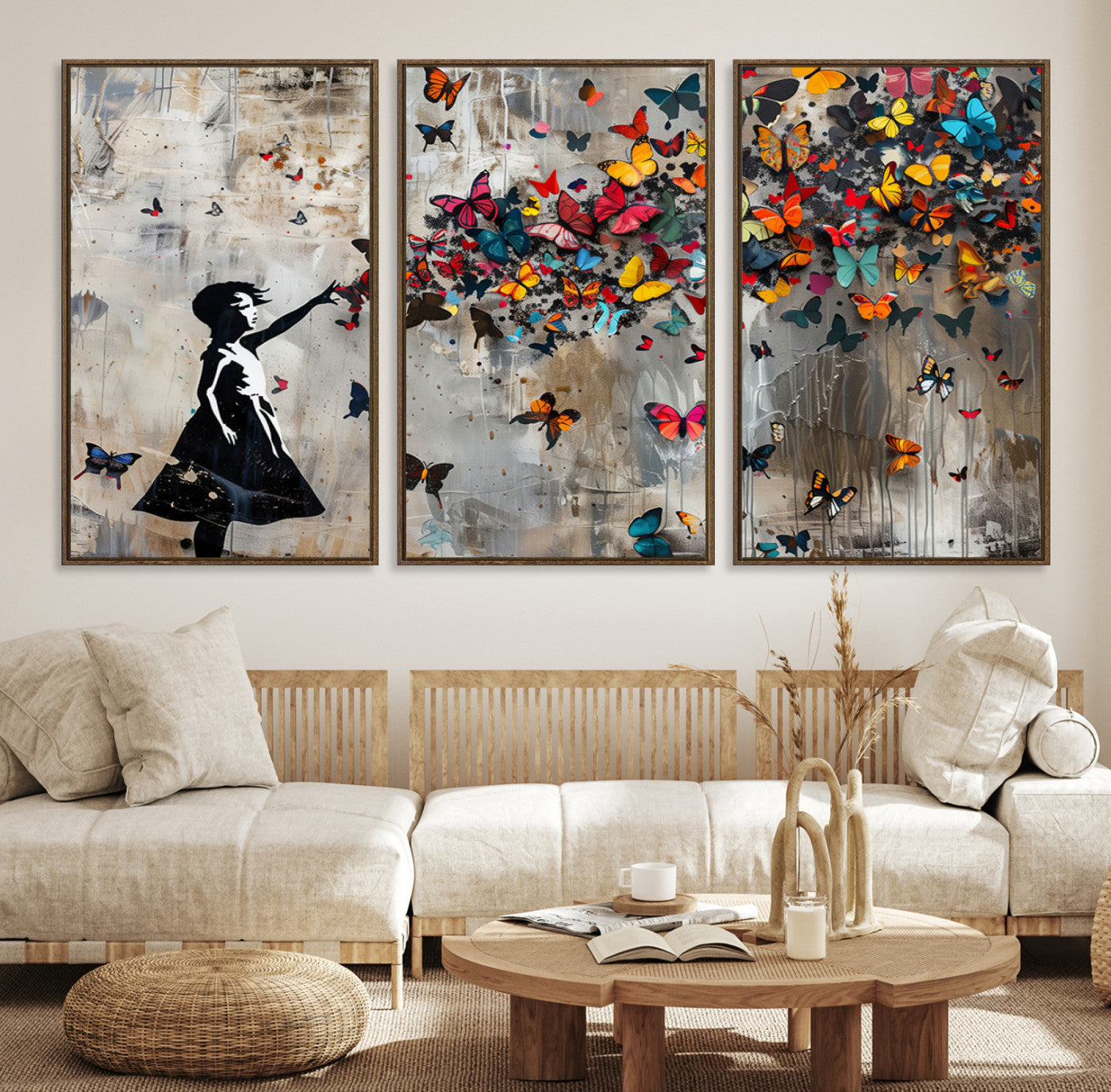 51446-MGV-CV-36X24-Banksy Butterfly Girl Wall Art | 3-Piece Butterfly Girl Canvas