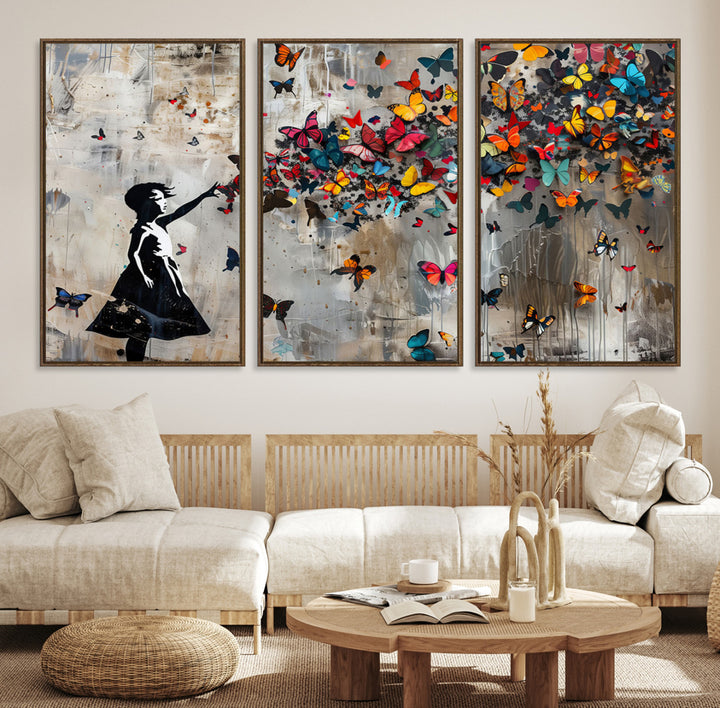 51446-MGV-CV-36X24-Banksy Butterfly Girl Wall Art | 3-Piece Butterfly Girl Canvas