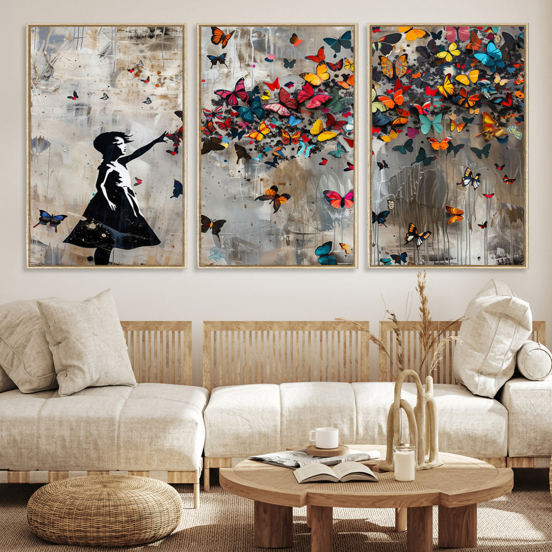 51446-MGV-CV-36X24-Banksy Butterfly Girl Wall Art | 3-Piece Butterfly Girl Canvas