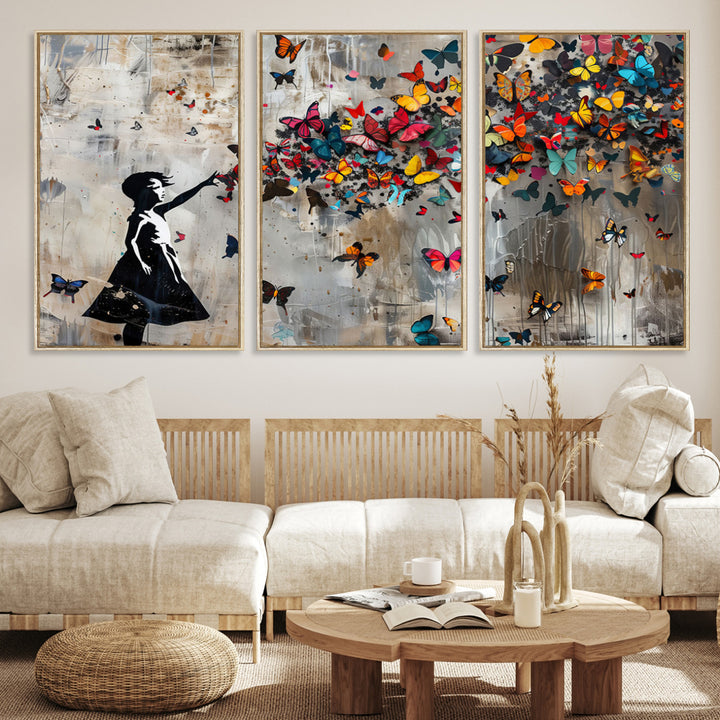 51446-MGV-CV-36X24-Banksy Butterfly Girl Wall Art | 3-Piece Butterfly Girl Canvas