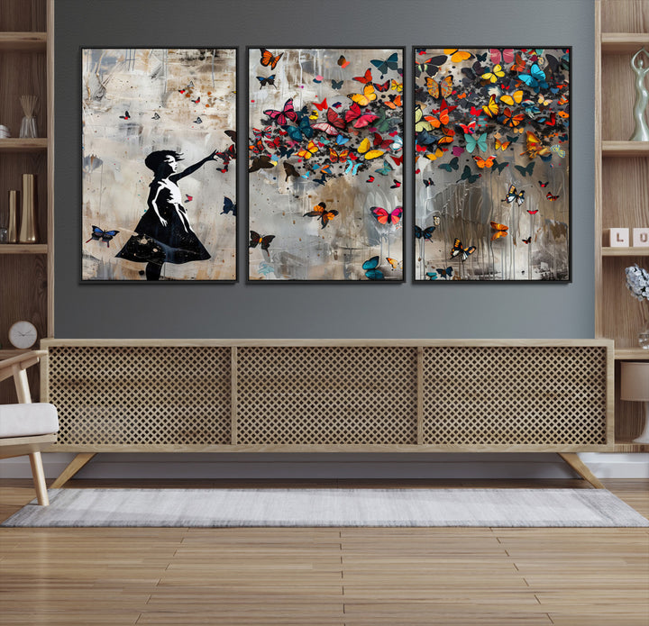 51446-MGV-CV-36X24-Banksy Butterfly Girl Wall Art | 3-Piece Butterfly Girl Canvas
