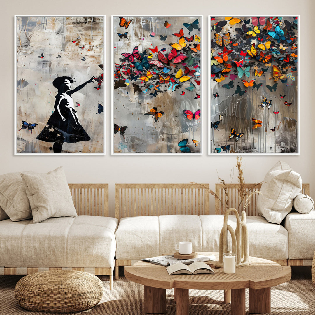 51446-MGV-CV-36X24-Banksy Butterfly Girl Wall Art | 3-Piece Butterfly Girl Canvas