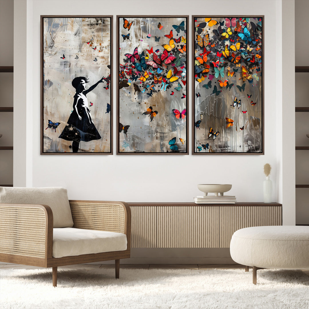51446-MGV-CV-36X24-Banksy Butterfly Girl Wall Art | 3-Piece Butterfly Girl Canvas