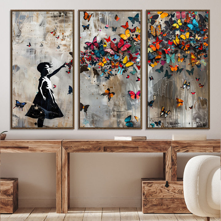 51446-MGV-CV-36X24-Banksy Butterfly Girl Wall Art | 3-Piece Butterfly Girl Canvas