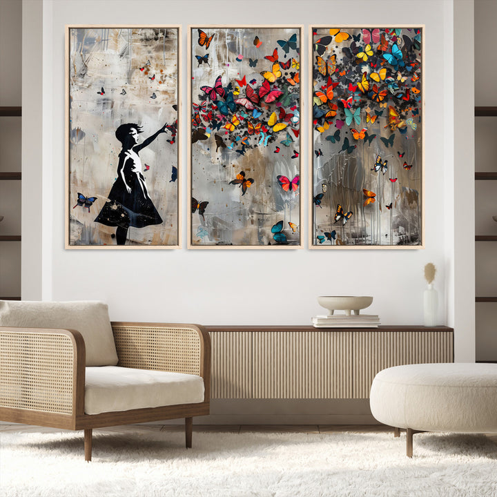 51446-MGV-CV-36X24-Banksy Butterfly Girl Wall Art | 3-Piece Butterfly Girl Canvas