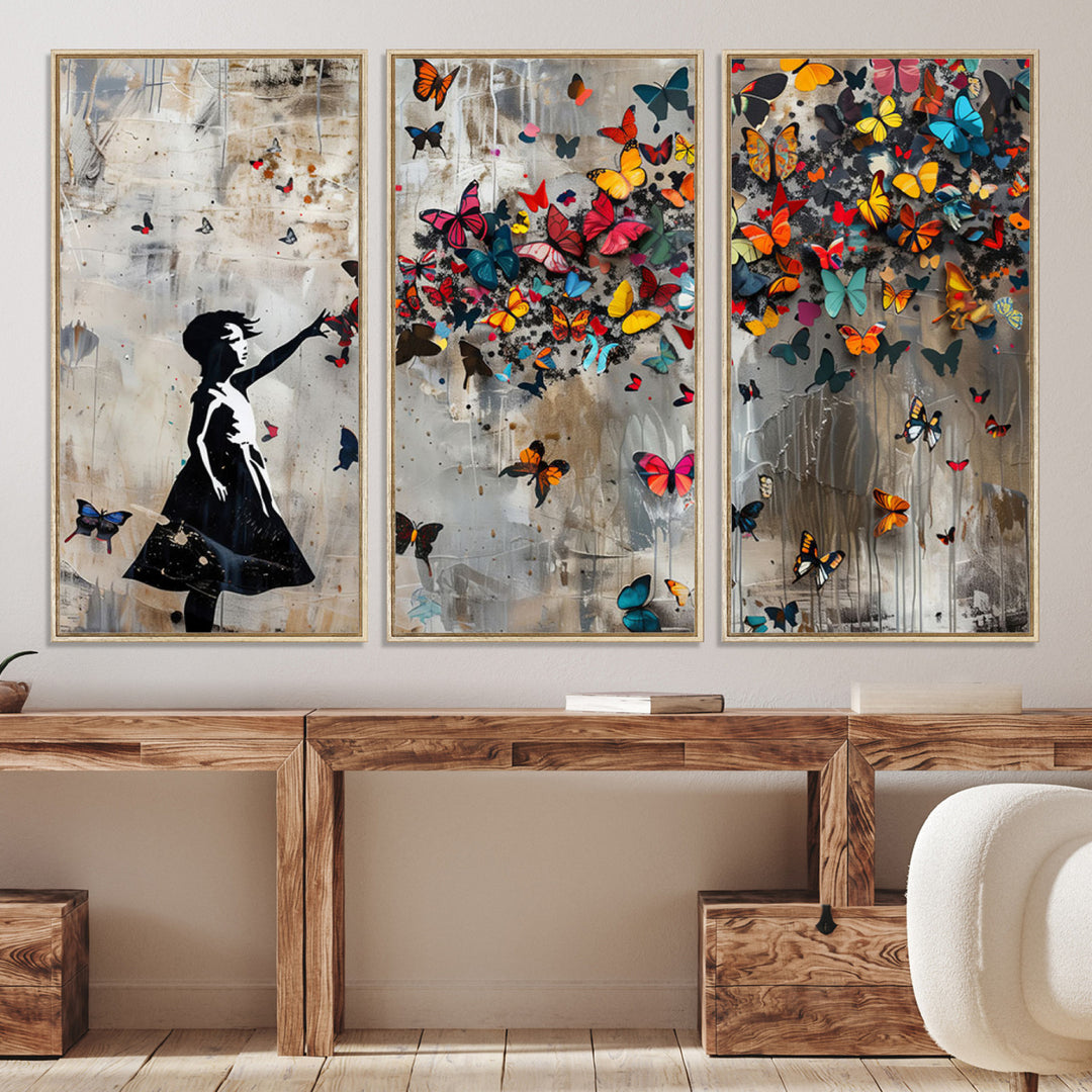 51446-MGV-CV-36X24-Banksy Butterfly Girl Wall Art | 3-Piece Butterfly Girl Canvas