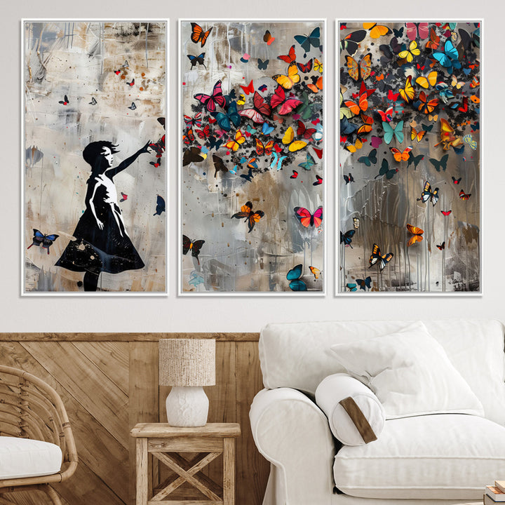 51446-MGV-CV-36X24-Banksy Butterfly Girl Wall Art | 3-Piece Butterfly Girl Canvas
