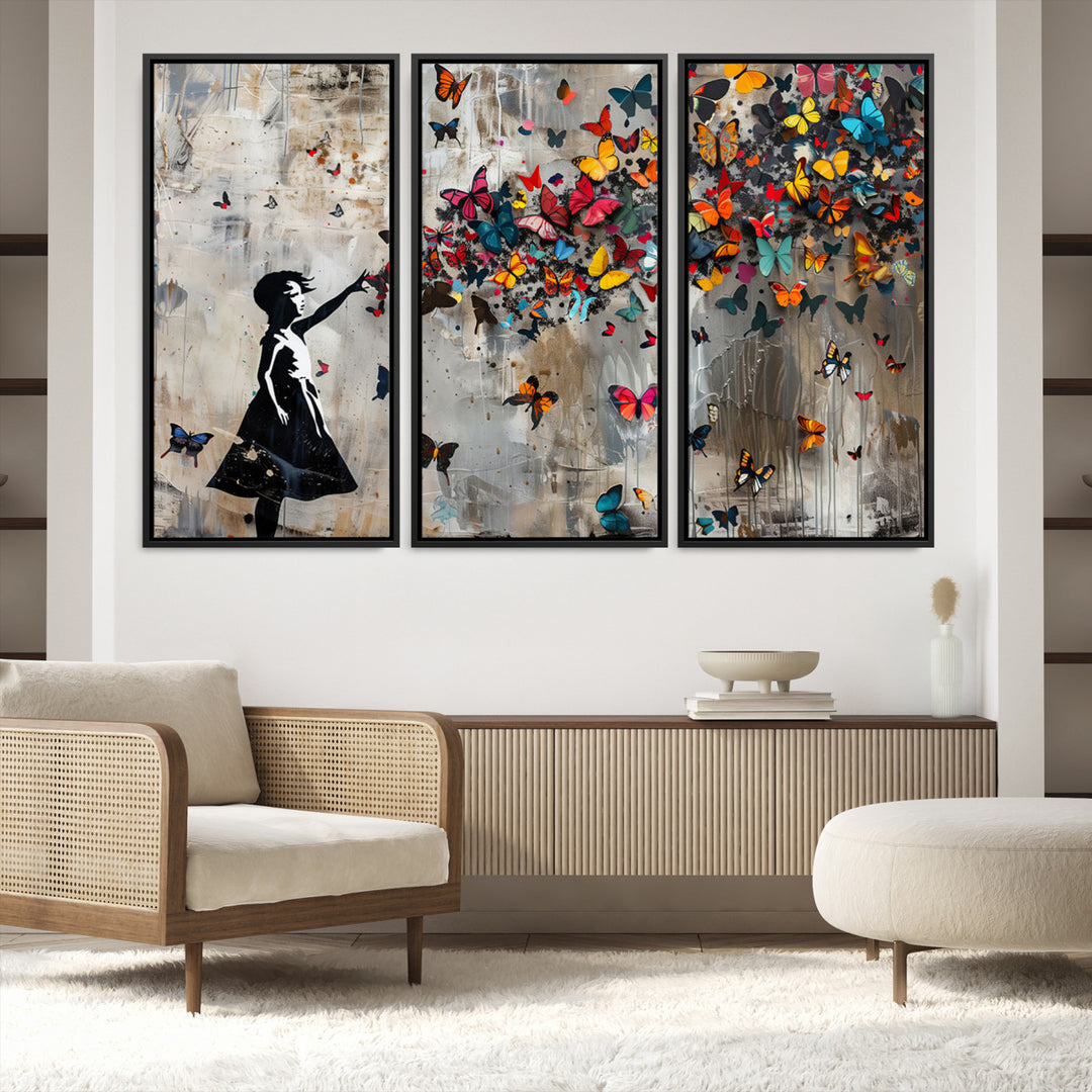 51446-MGV-CV-36X24-Banksy Butterfly Girl Wall Art | 3-Piece Butterfly Girl Canvas