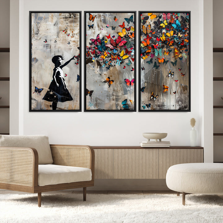 51446-MGV-CV-36X24-Banksy Butterfly Girl Wall Art | 3-Piece Butterfly Girl Canvas