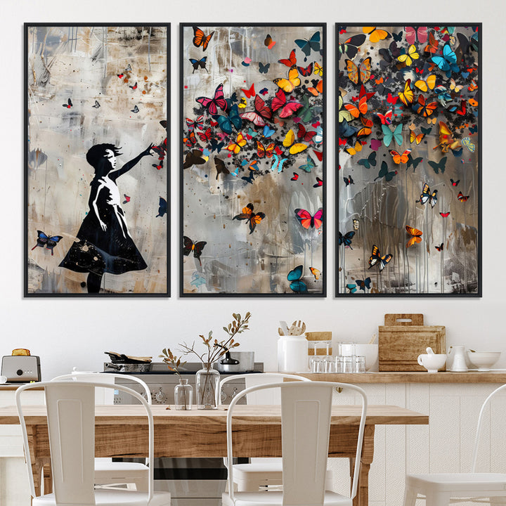 51446-MGV-CV-36X24-Banksy Butterfly Girl Wall Art | 3-Piece Butterfly Girl Canvas