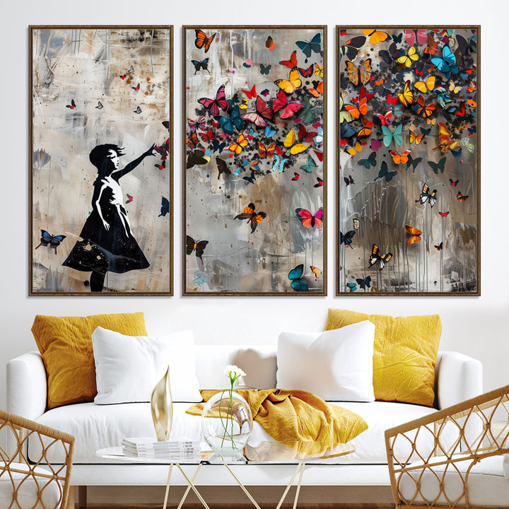 51446-MGV-CV-36X24-Banksy Butterfly Girl Wall Art | 3-Piece Butterfly Girl Canvas