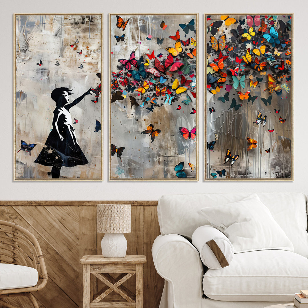 51446-MGV-CV-36X24-Banksy Butterfly Girl Wall Art | 3-Piece Butterfly Girl Canvas