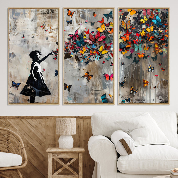 51446-MGV-CV-36X24-Banksy Butterfly Girl Wall Art | 3-Piece Butterfly Girl Canvas