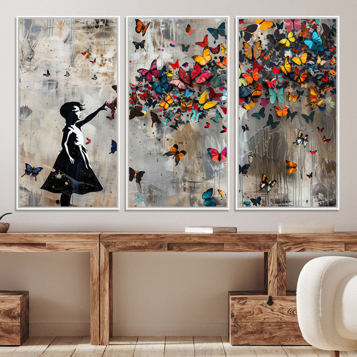 51446-MGV-CV-36X24-Banksy Butterfly Girl Wall Art | 3-Piece Butterfly Girl Canvas