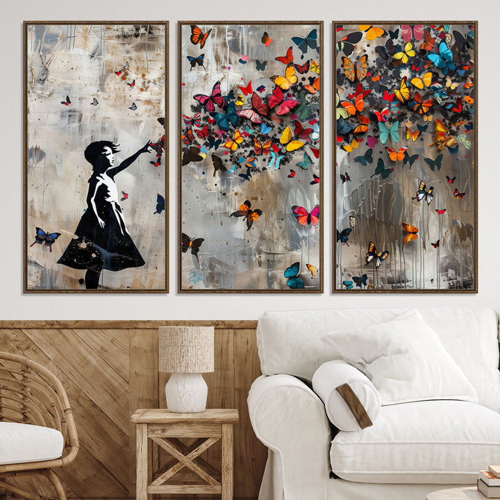 51446-MGV-CV-36X24-Banksy Butterfly Girl Wall Art | 3-Piece Butterfly Girl Canvas