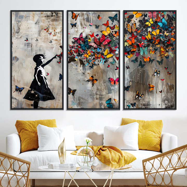 51446-MGV-CV-36X24-Banksy Butterfly Girl Wall Art | 3-Piece Butterfly Girl Canvas