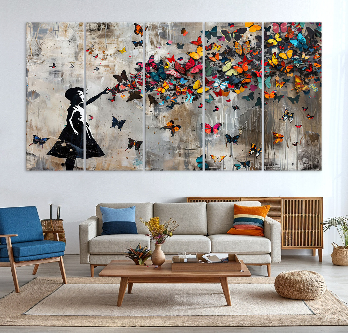 51446-MGV-CV-36X24-Banksy Butterfly Girl Wall Art | 3-Piece Butterfly Girl Canvas