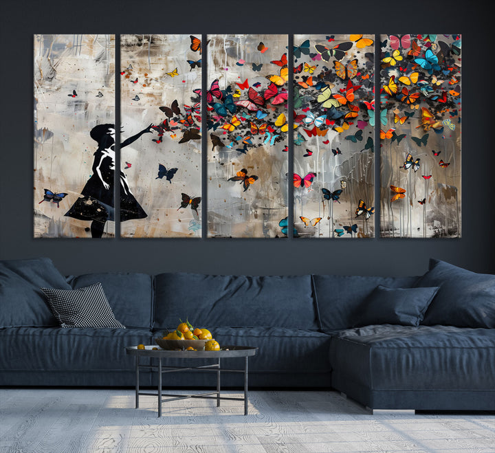51446-MGV-CV-36X24-Banksy Butterfly Girl Wall Art | 3-Piece Butterfly Girl Canvas