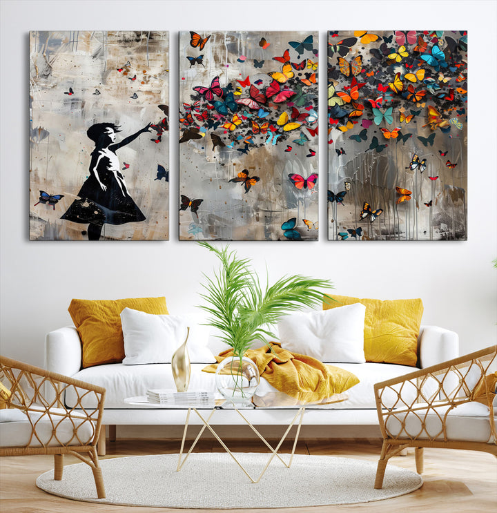 Banksy Butterfly Girl Wall Art | 3-Piece Butterfly Girl Canvas